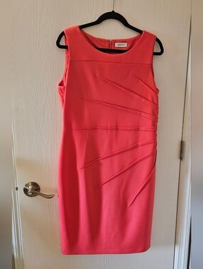 Calvin Klein Coral Midi Sheath Dress with Radiating Pleat Details